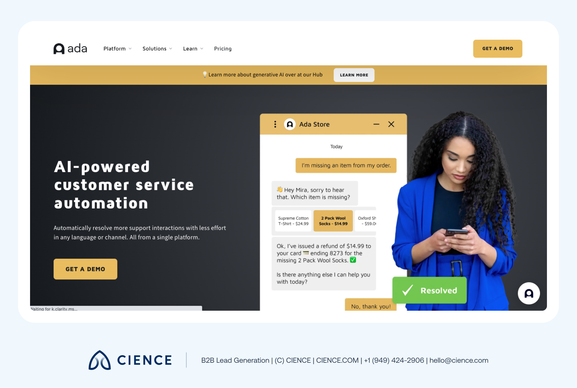 Ada AI chatbot platform supporting 100+ languages with detailed analytics